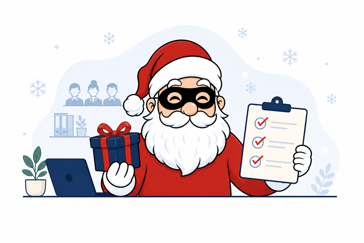 Père Noël masqué vérifiant un cadeau Secret Santa adapté au travail