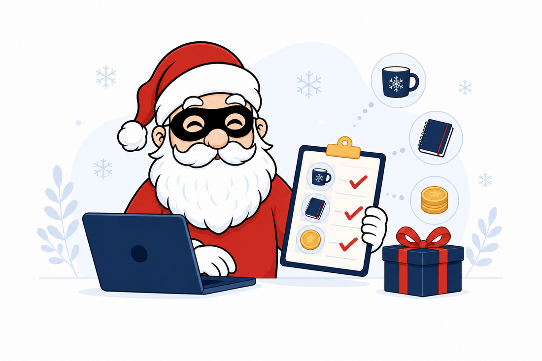 Père Noël masqué préparant un questionnaire Secret Santa avec préférences de cadeaux