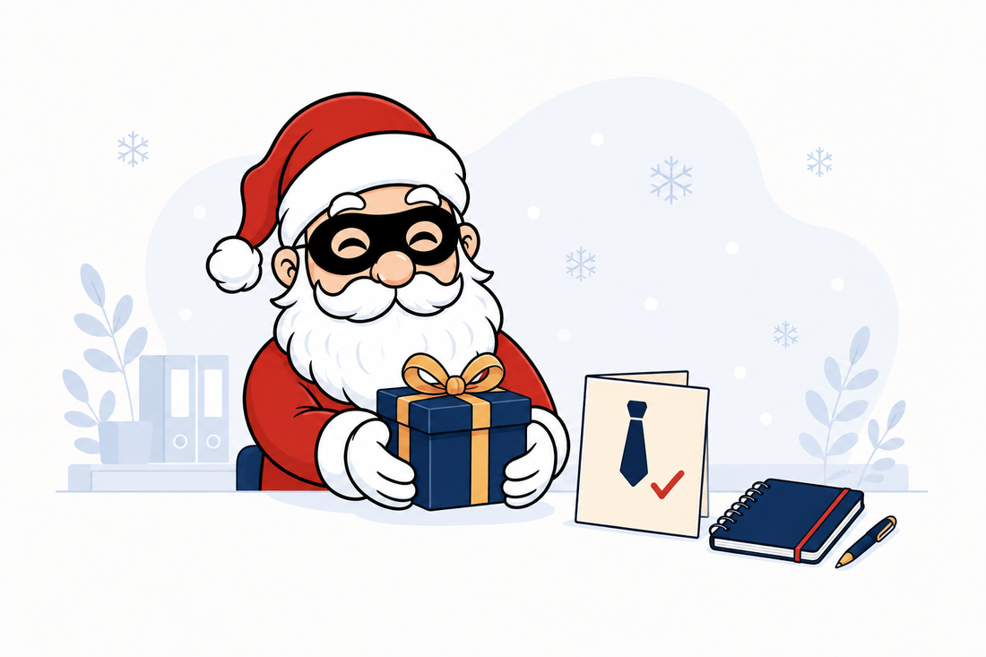 Père Noël masqué présentant un cadeau Secret Santa approprié pour un manager