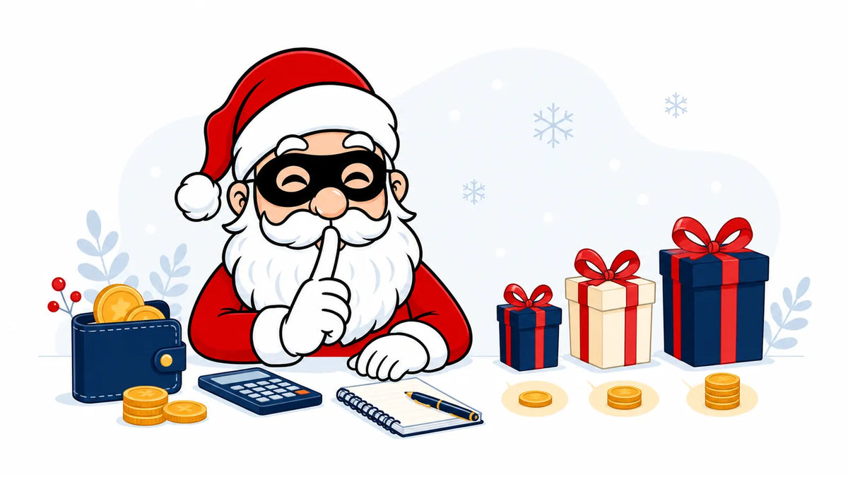 Budget Secret Santa en entreprise avec cadeaux, pièces et calculatrice