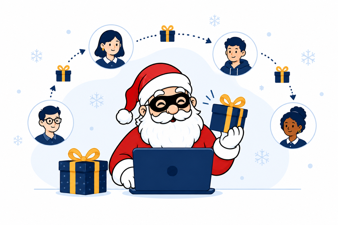 Illustration d’un Secret Santa avec Père Noël masqué, participants et cadeaux