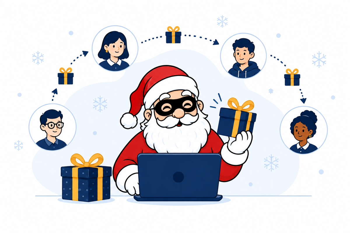 Illustration d’un Secret Santa avec Père Noël masqué, participants et cadeaux