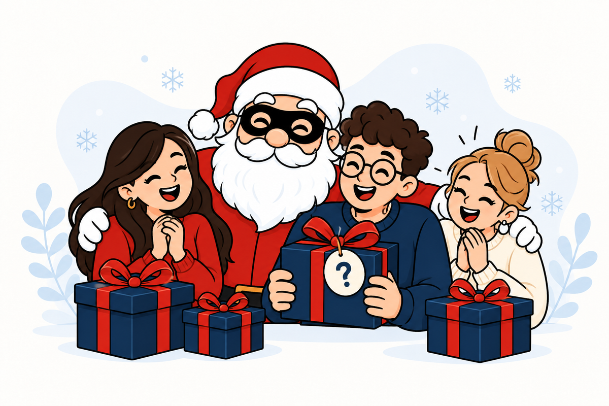 Père Noël masqué entouré d'amis qui découvrent leurs cadeaux