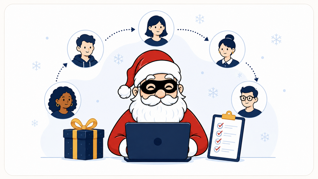 Père Noël masqué organisant un tirage Secret Santa en ligne entre plusieurs participants