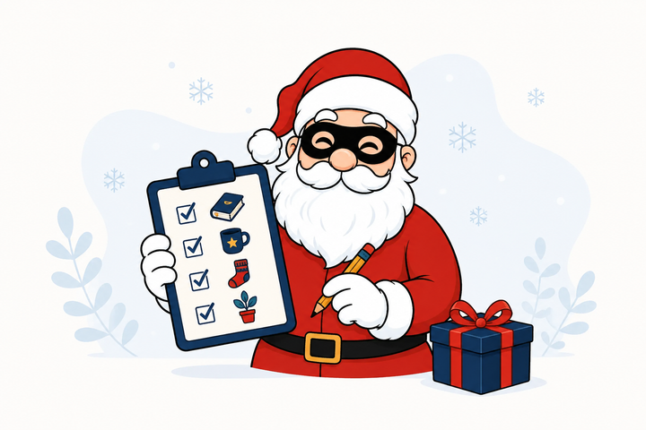 Père Noël préparant une wishlist Secret Santa avec des idées de cadeaux